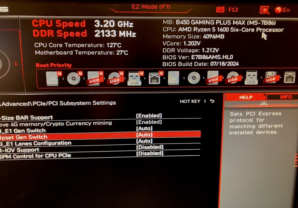 Screenshot of the BIOS. The CPU temperature reading is 127C