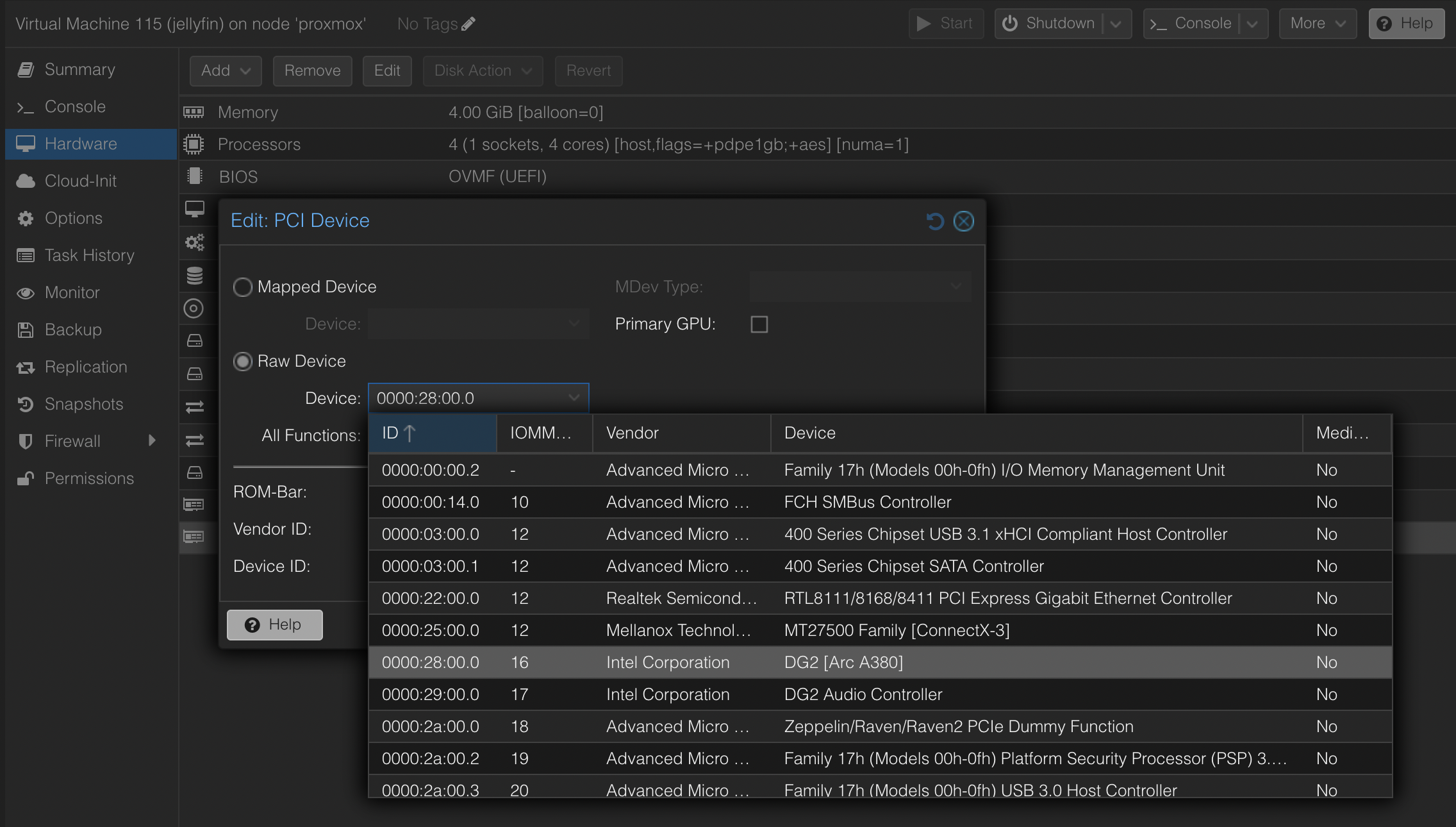 Screenshot of Proxmox showing a PCI device named 'Arc A380' has been added to a virtual machine named 'jellyfin'