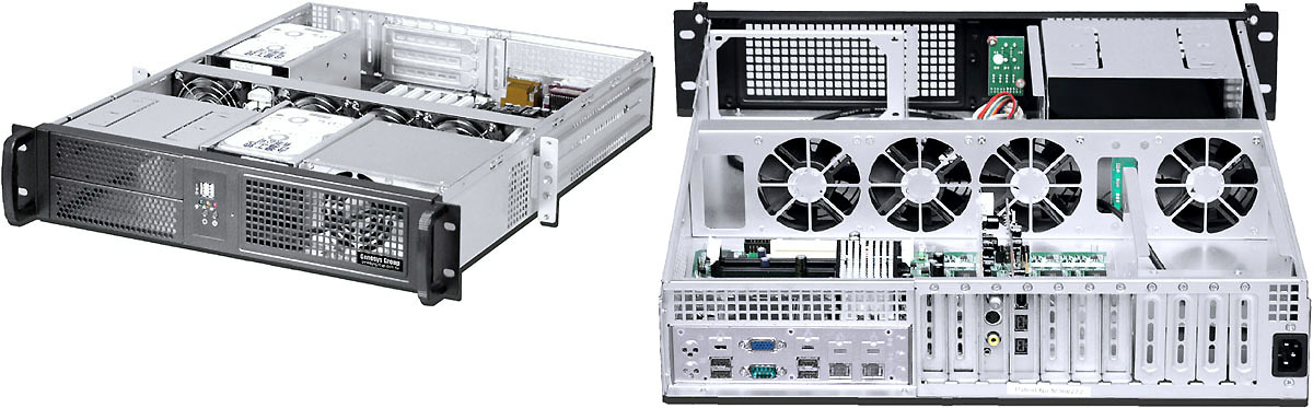 low-resolution photos of a 2U chassis with the lid off. The rear shows 11 half-height PCIe slots.