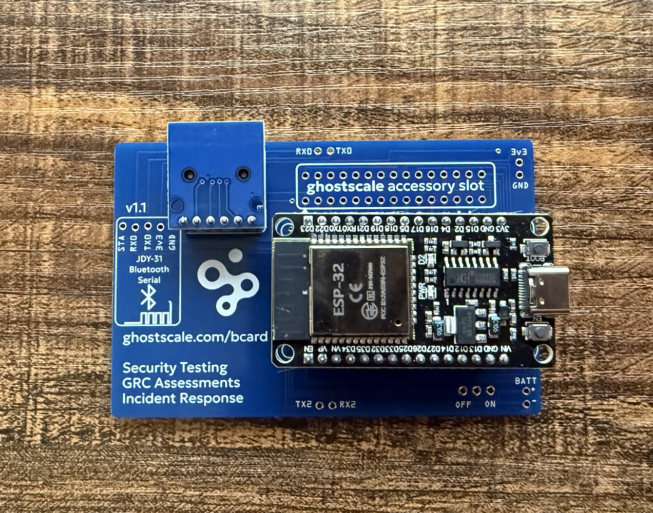 Close-up of PCB with ESP32 soldered to it.
