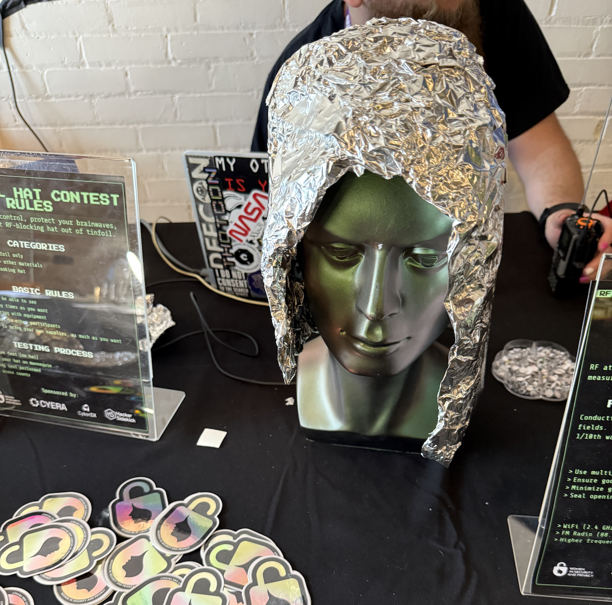 A mannequin head with a tin foil hat covering the top of the head and ears down to the neck