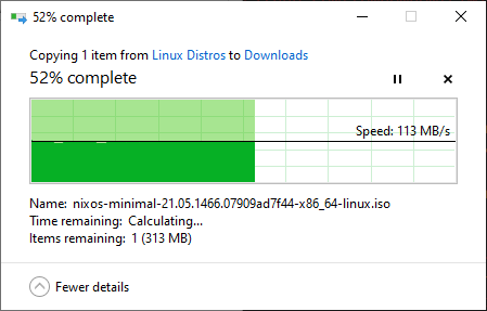 Copy progress dialog window showing a speed of 113MB/s