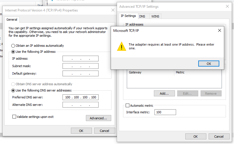 Windows error message window showing text 'The adapter requires at least one IP address. Please enter one.'