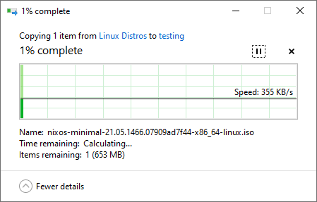 Copy progress dialog window showing a speed of 355KB/s